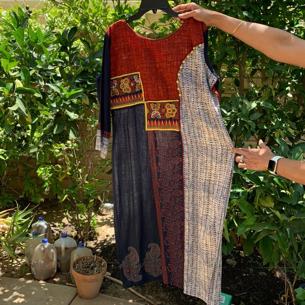 Indian kurta dress with block print and embroidery